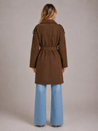 Women's Suede-Look Trench Coat – Long Belted Style in Brown – Back view