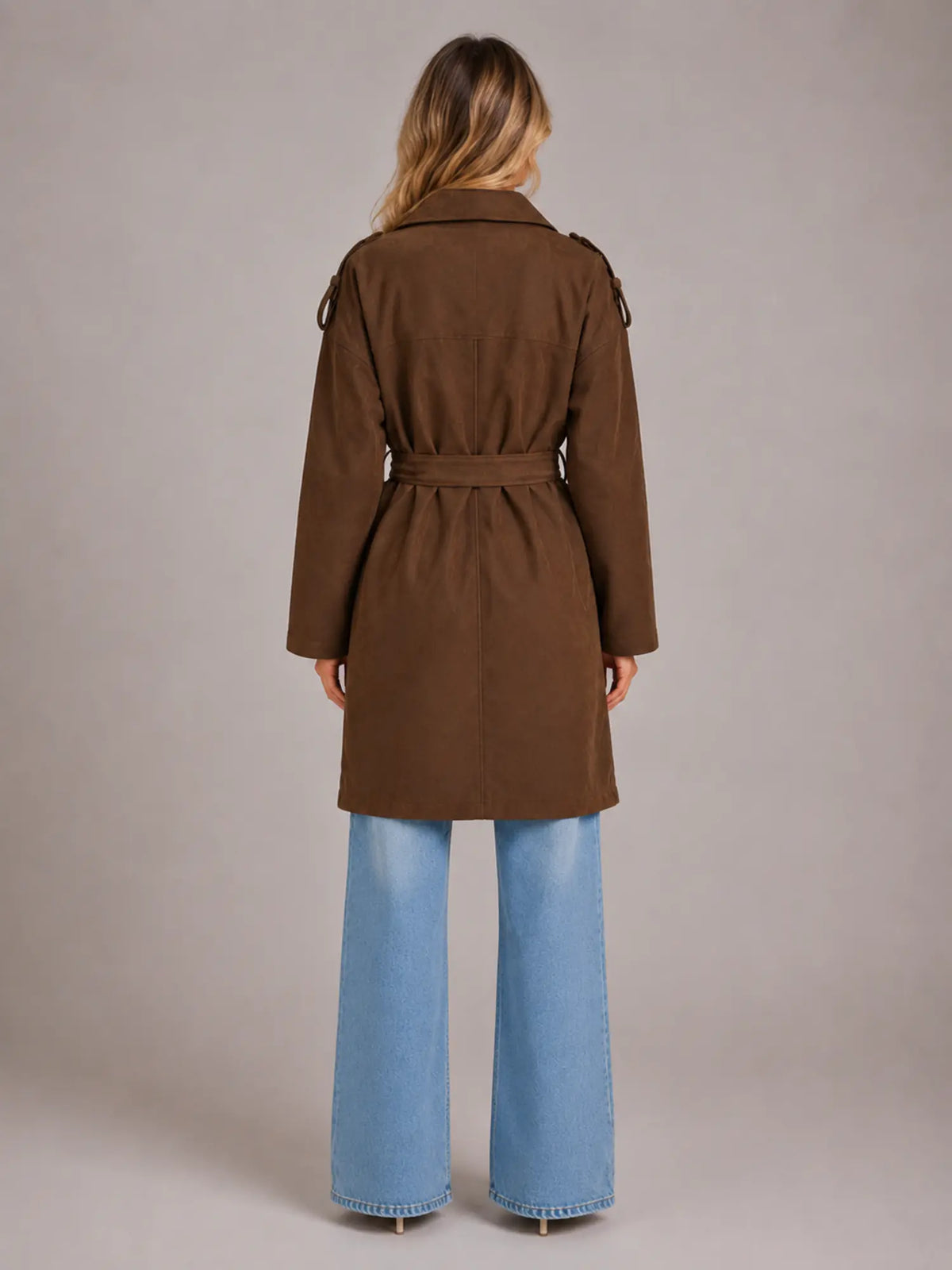 Women's Suede-Look Trench Coat – Long Belted Style in Brown – Back view