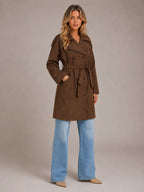 Women's Suede-Look Trench Coat – Long Belted Style in Brown – Hover view