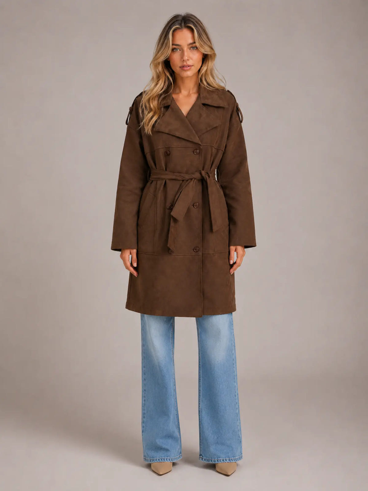 Women's Suede-Look Trench Coat – Long Belted Style in Brown – Main view
