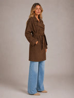 Women's Suede-Look Trench Coat – Long Belted Style in Brown – Side view