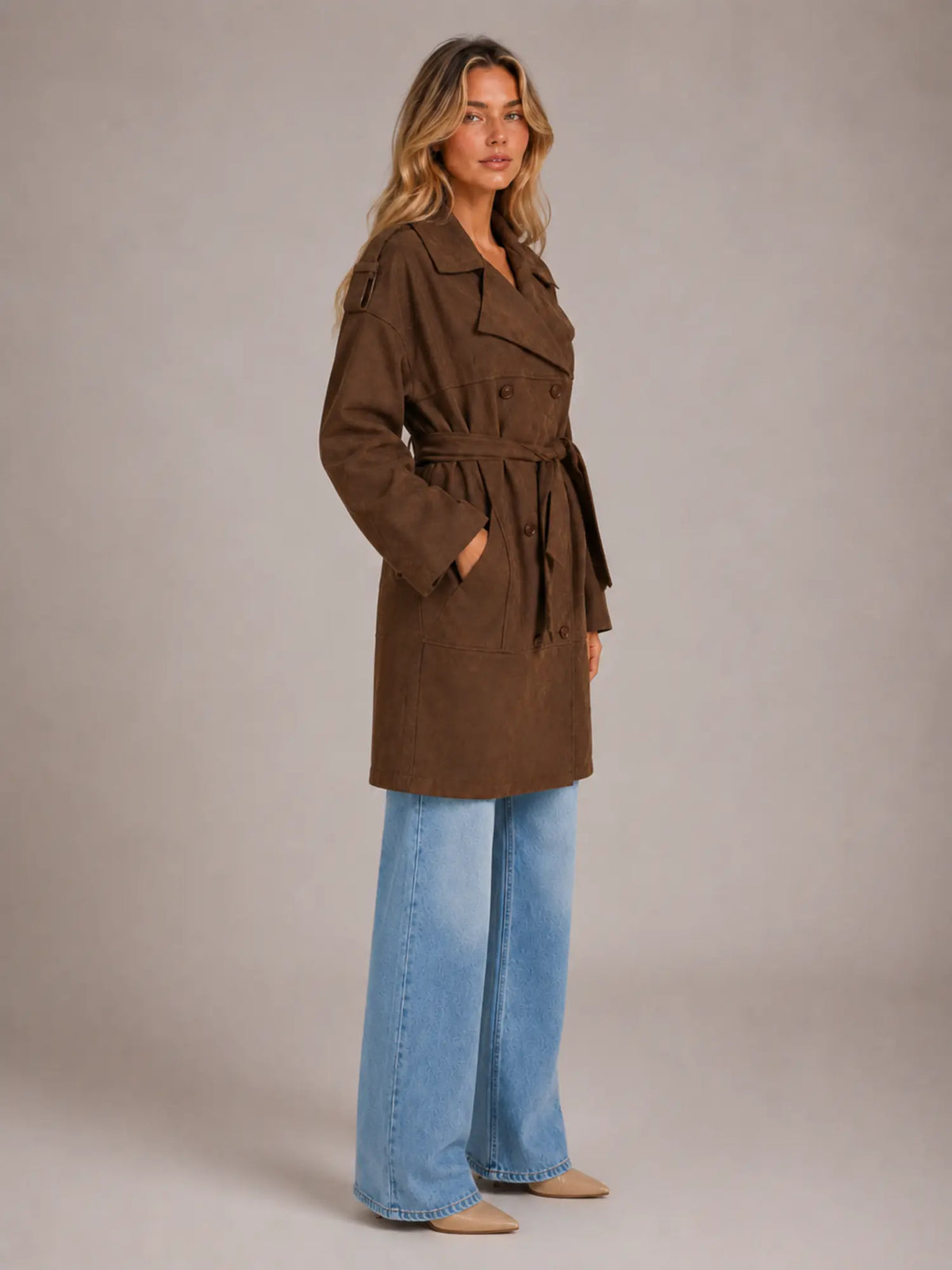 Women's Suede-Look Trench Coat – Long Belted Style in Brown – Side view