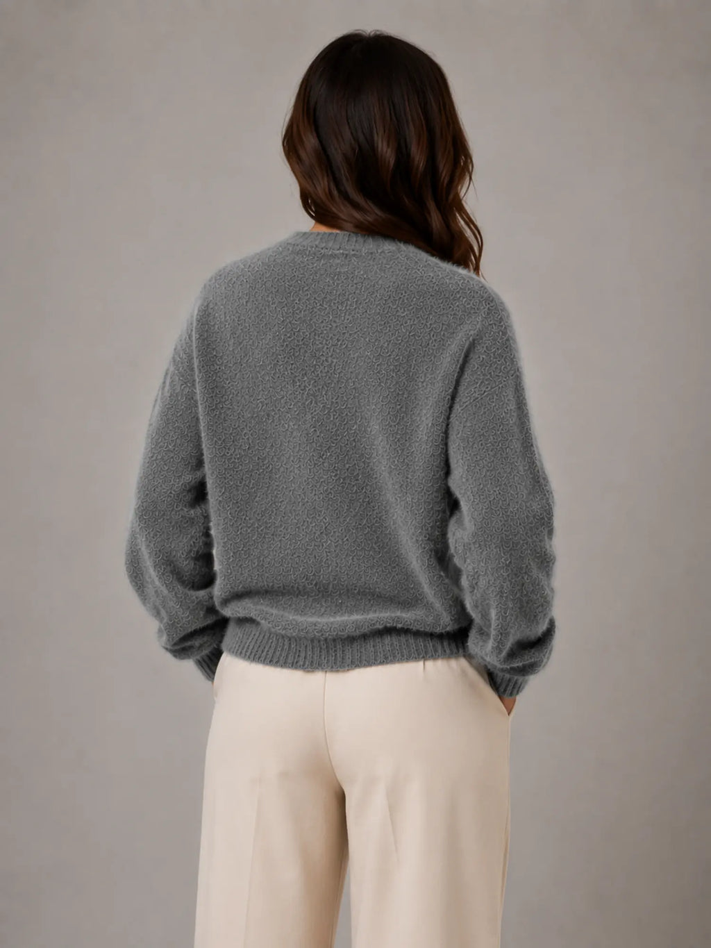 Women's Fluffy Knit Cardigan – Button Front V-Neck in Dark Grey – Back view
