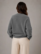 Women's Fluffy Knit Cardigan – Button Front V-Neck in Dark Grey – Back view
