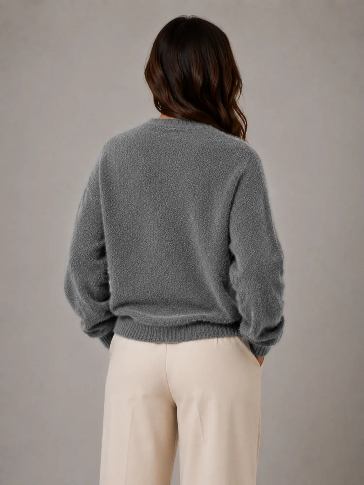 Women's Fluffy Knit Cardigan – Button Front V-Neck in Dark Grey – Back view