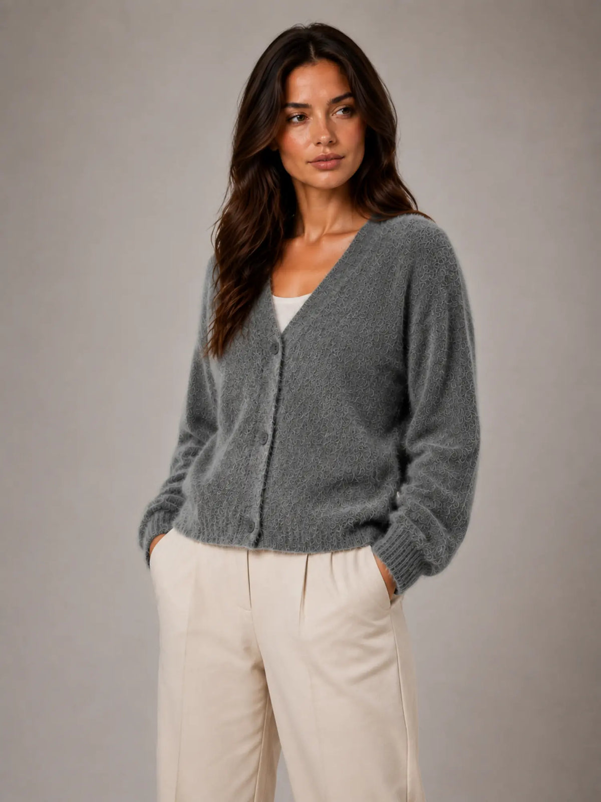 Women's Fluffy Knit Cardigan – Button Front V-Neck in Dark Grey – Hover view
