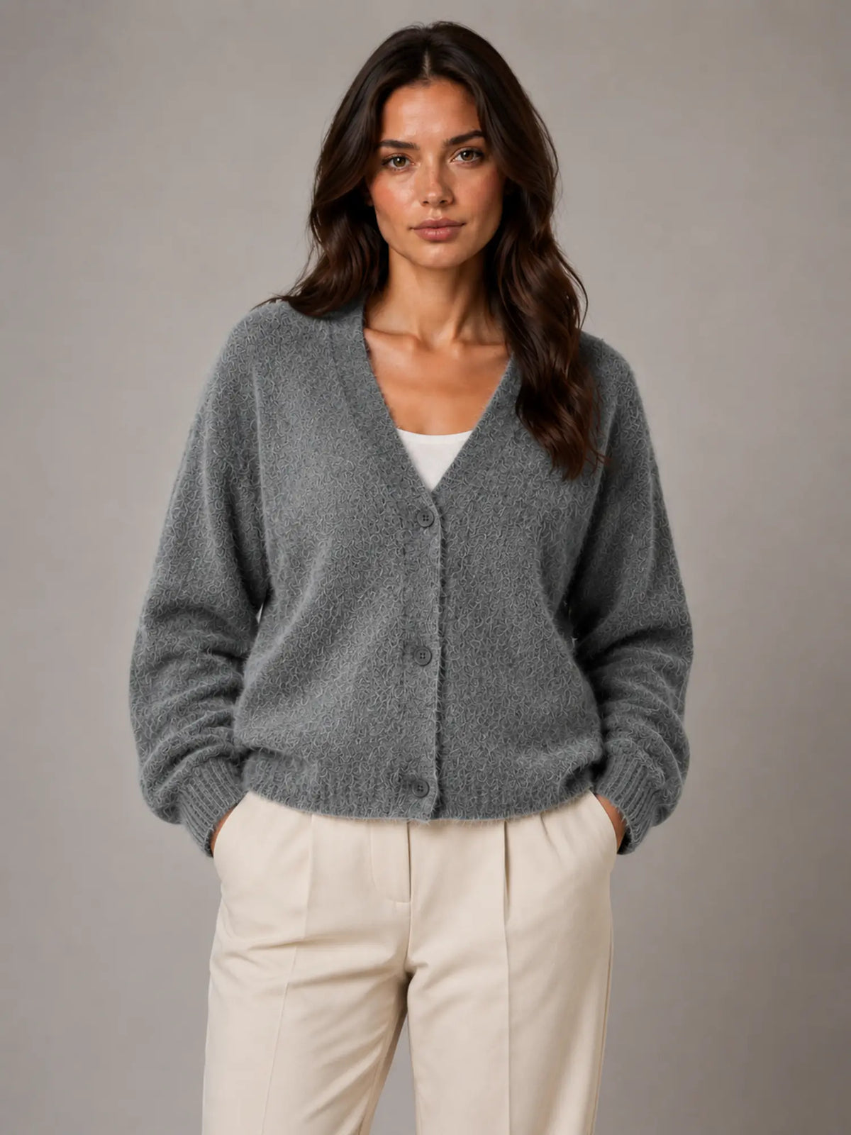 Women's Fluffy Knit Cardigan – Button Front V-Neck in Dark Grey – Main view