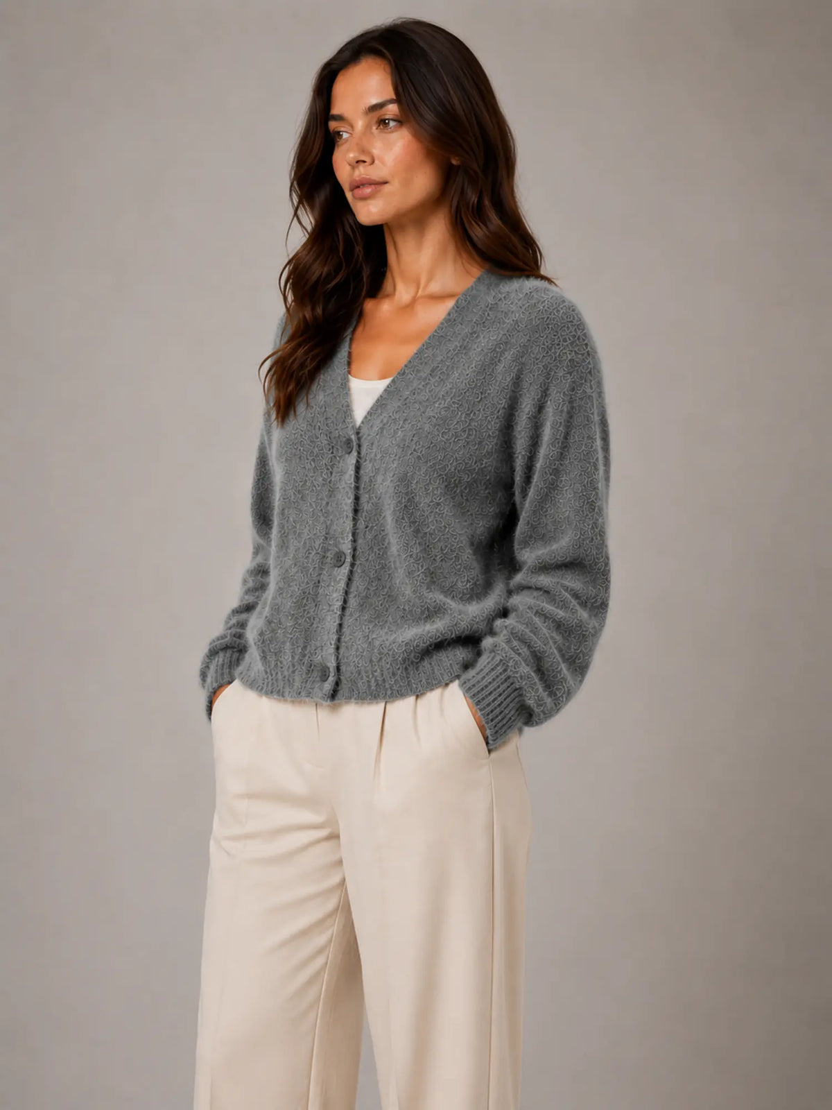 Women's Fluffy Knit Cardigan – Button Front V-Neck in Dark Grey – Side view