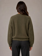 Women's Fluffy Knit Cardigan – Button Front V-Neck in Khaki – Back view