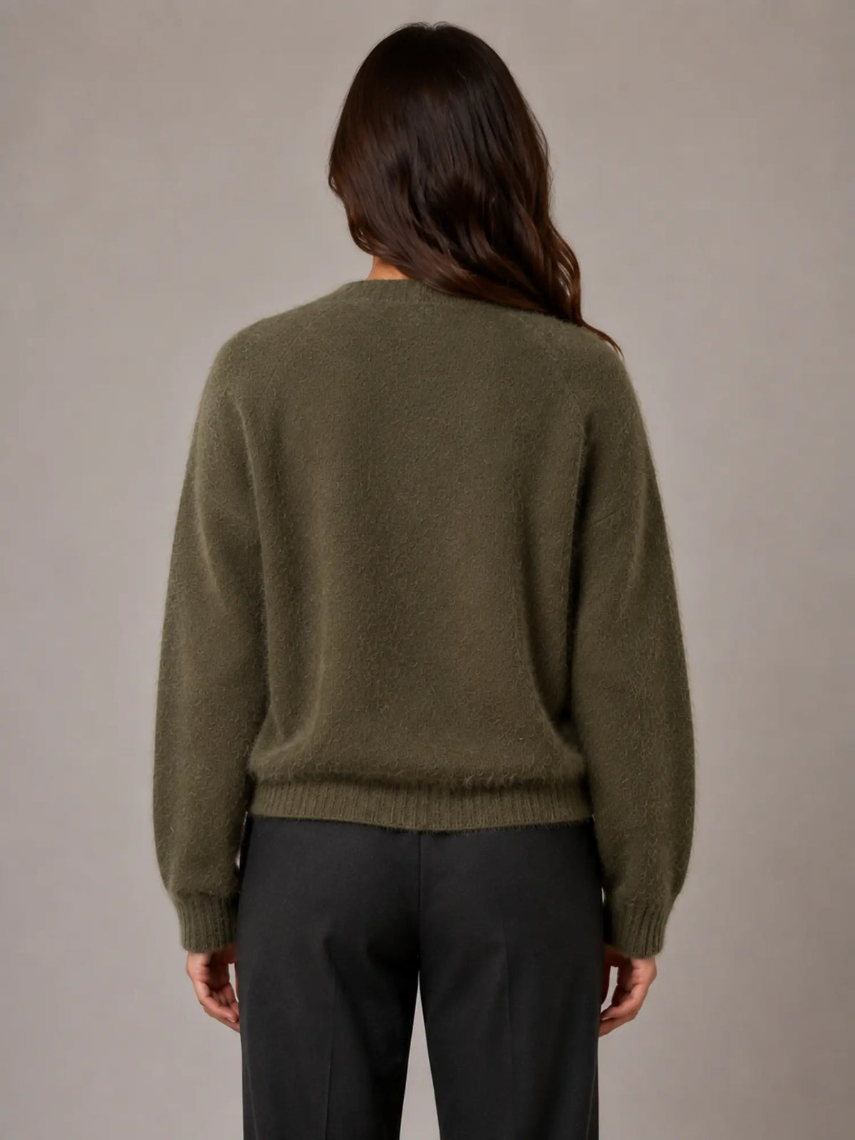 Women's Fluffy Knit Cardigan – Button Front V-Neck in Khaki – Back view