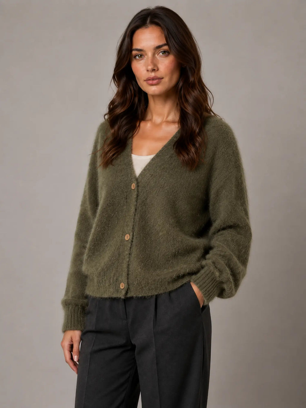 Women's Fluffy Knit Cardigan – Button Front V-Neck in Khaki – Hover view