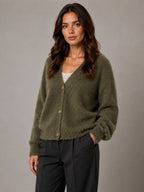 Women's Fluffy Knit Cardigan – Button Front V-Neck in Khaki – Hover view