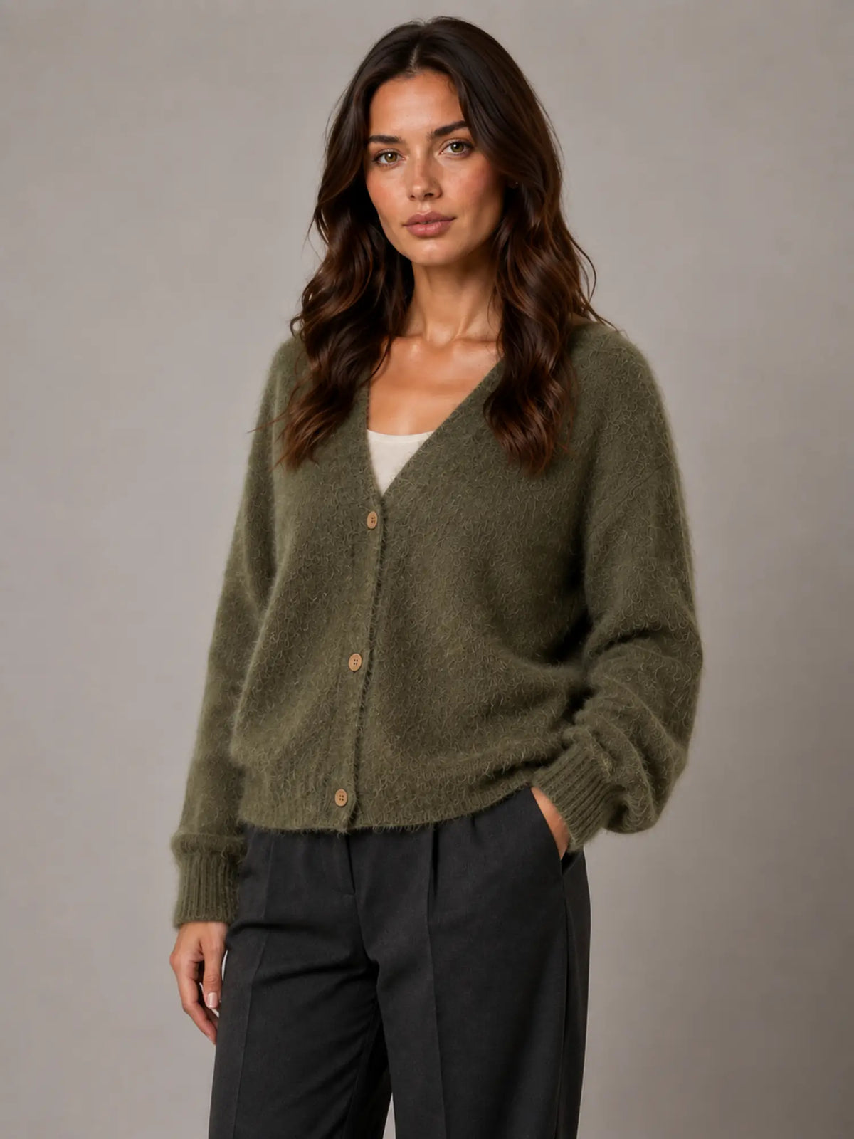 Women's Fluffy Knit Cardigan – Button Front V-Neck in Khaki – Hover view