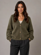Women's Fluffy Knit Cardigan – Button Front V-Neck in Khaki – Main view