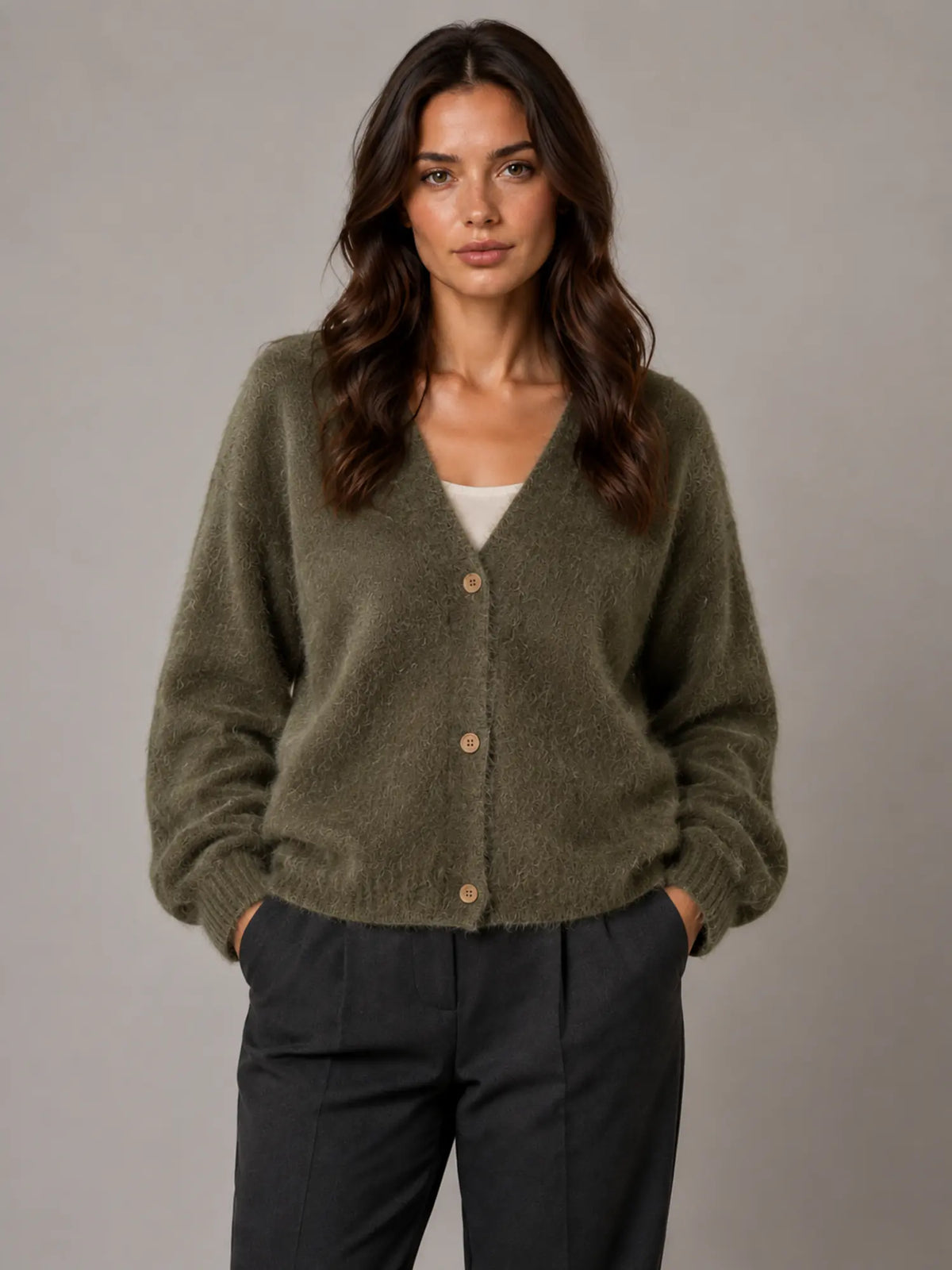 Women's Fluffy Knit Cardigan – Button Front V-Neck in Khaki – Main view