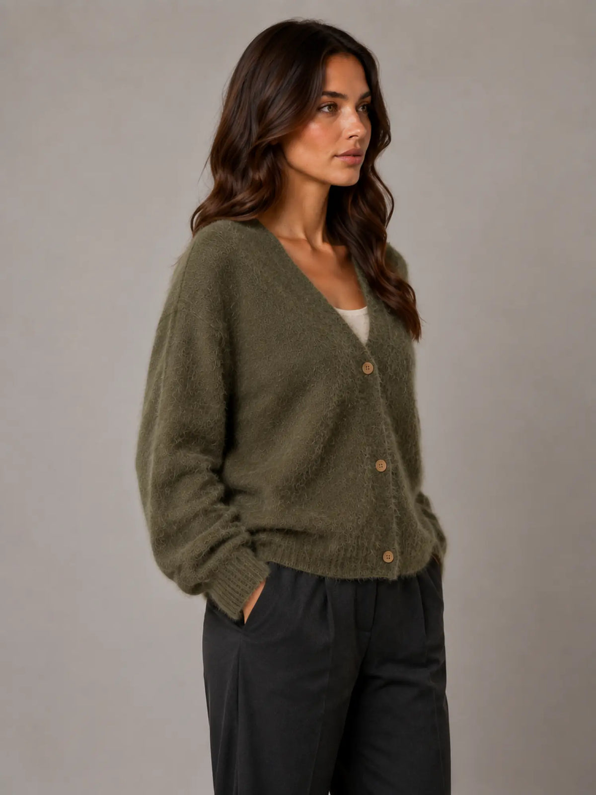 Women's Fluffy Knit Cardigan – Button Front V-Neck in Khaki – Side view