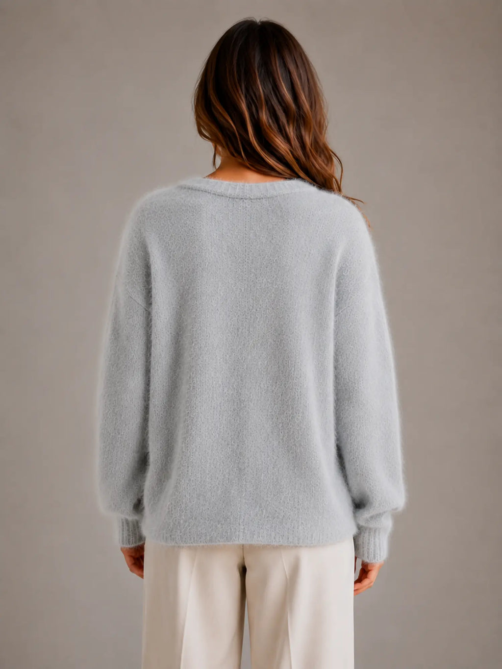 Women's Fluffy Knit Cardigan – Button Front V-Neck in Light Grey – Back view