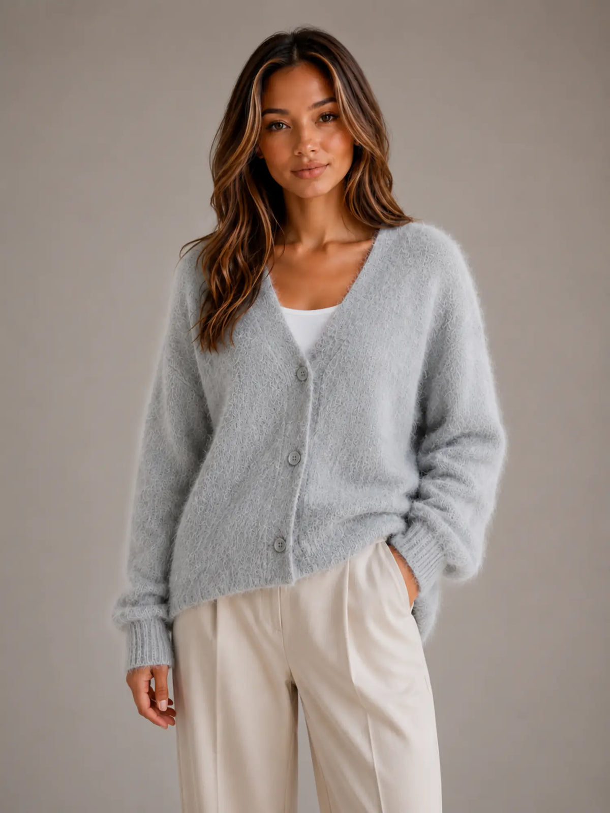 Women's Fluffy Knit Cardigan – Button Front V-Neck in Light Grey – Main view