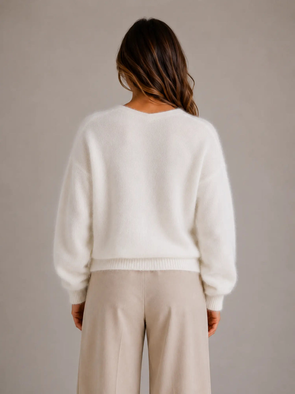 Women's Fluffy Knit Cardigan – Button Front V-Neck in White – Back view