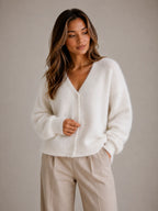 Women's Fluffy Knit Cardigan – Button Front V-Neck in White – Hover view