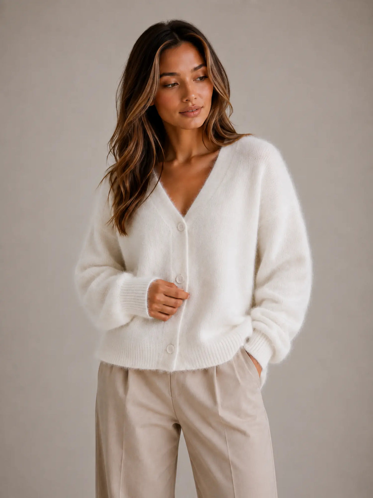 Women's Fluffy Knit Cardigan – Button Front V-Neck in White – Hover view