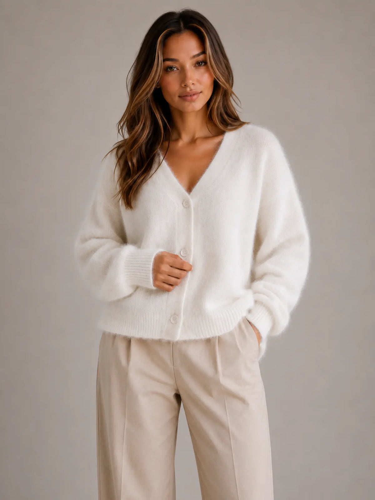 Women's Fluffy Knit Cardigan – Button Front V-Neck in White – Main view