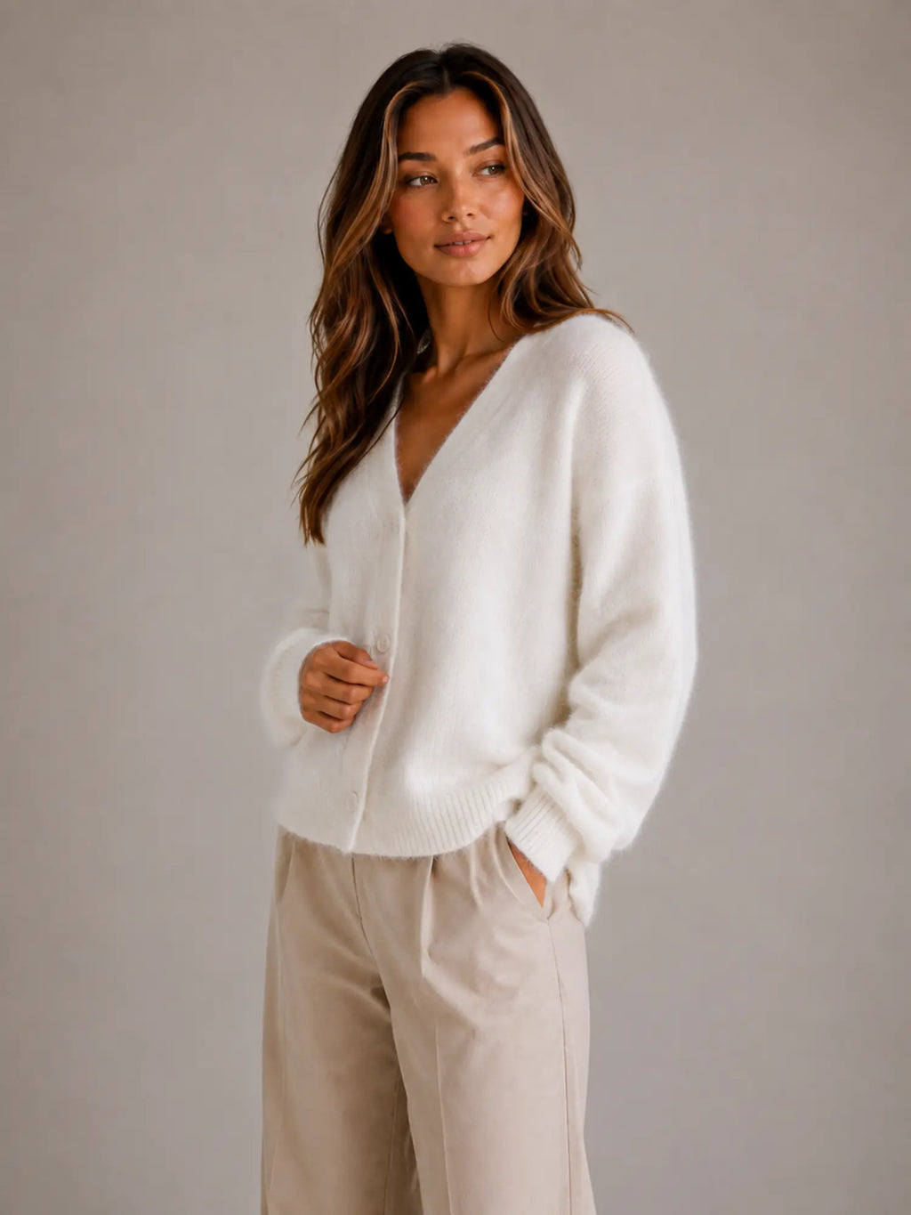 Women's Fluffy Knit Cardigan – Button Front V-Neck in White – Side view
