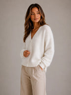 Women's Fluffy Knit Cardigan – Button Front V-Neck in White – Side view