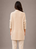 Women's Longline Cardigan – Open Front with Pockets in Beige – Back view
