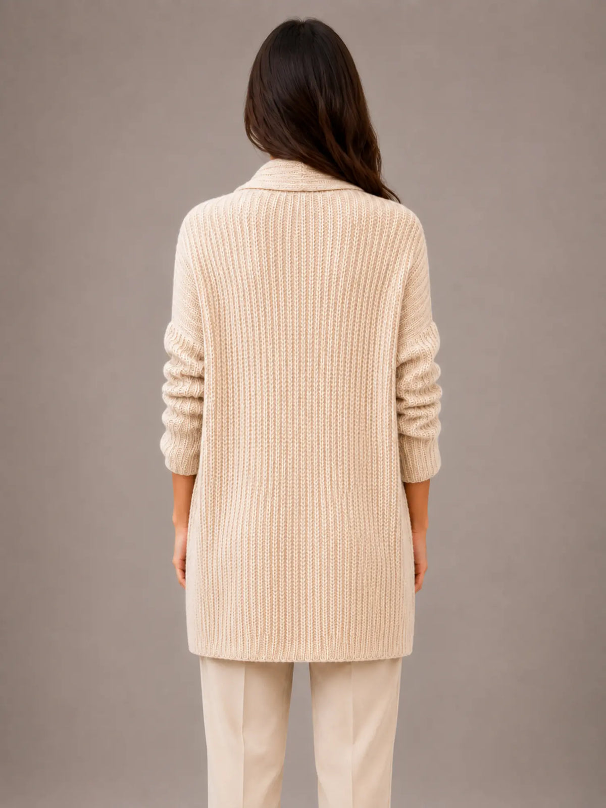 Women's Longline Cardigan – Open Front with Pockets in Beige – Back view