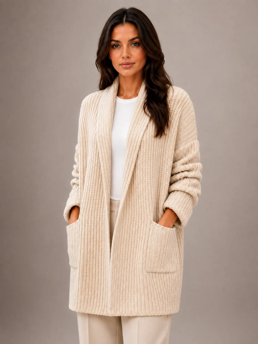 Women's Longline Cardigan – Open Front with Pockets in Beige – Hover view