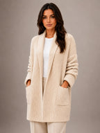 Women's Longline Cardigan – Open Front with Pockets in Beige – Hover view