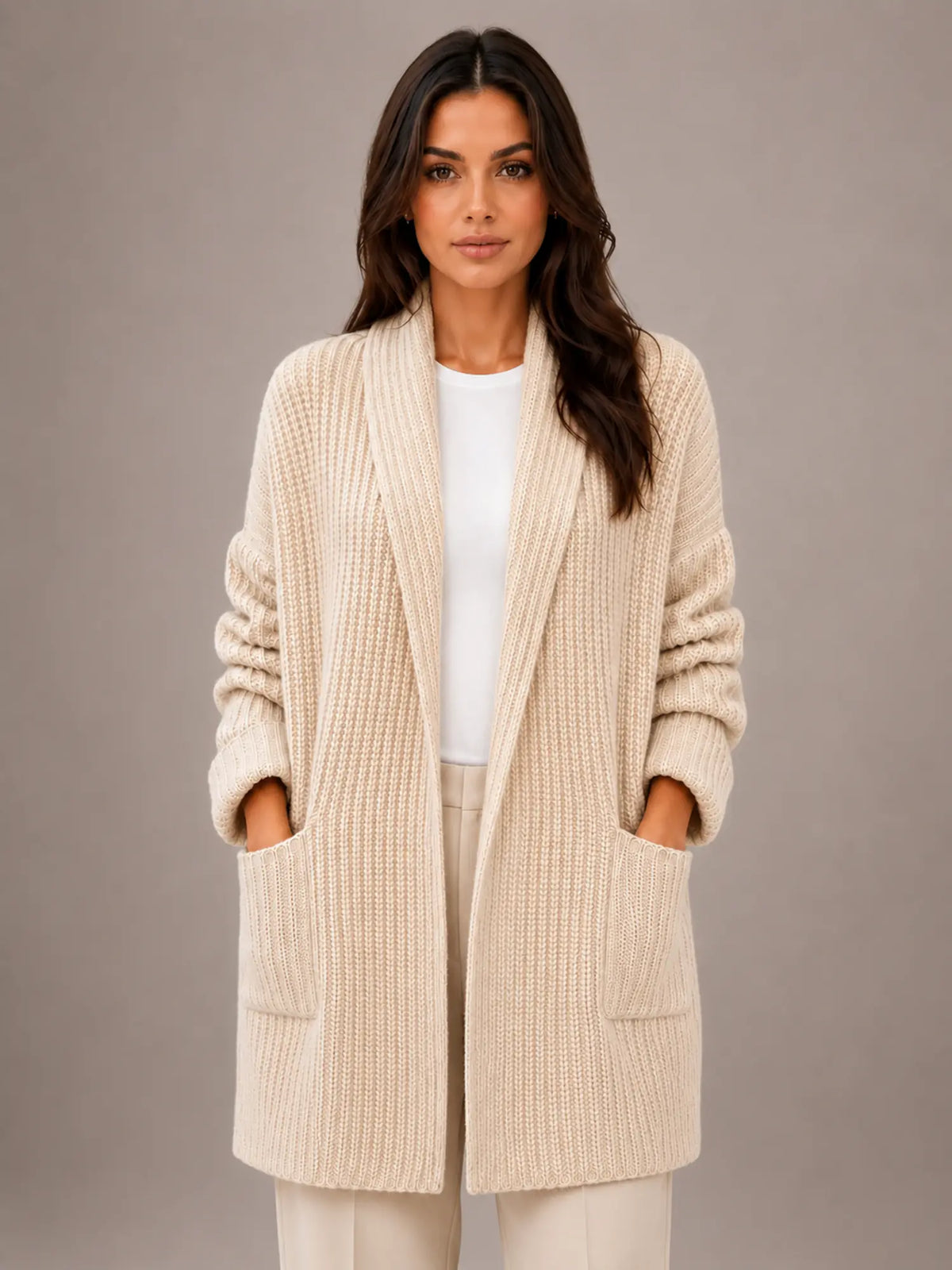 Women's Longline Cardigan – Open Front with Pockets in Beige – Main view