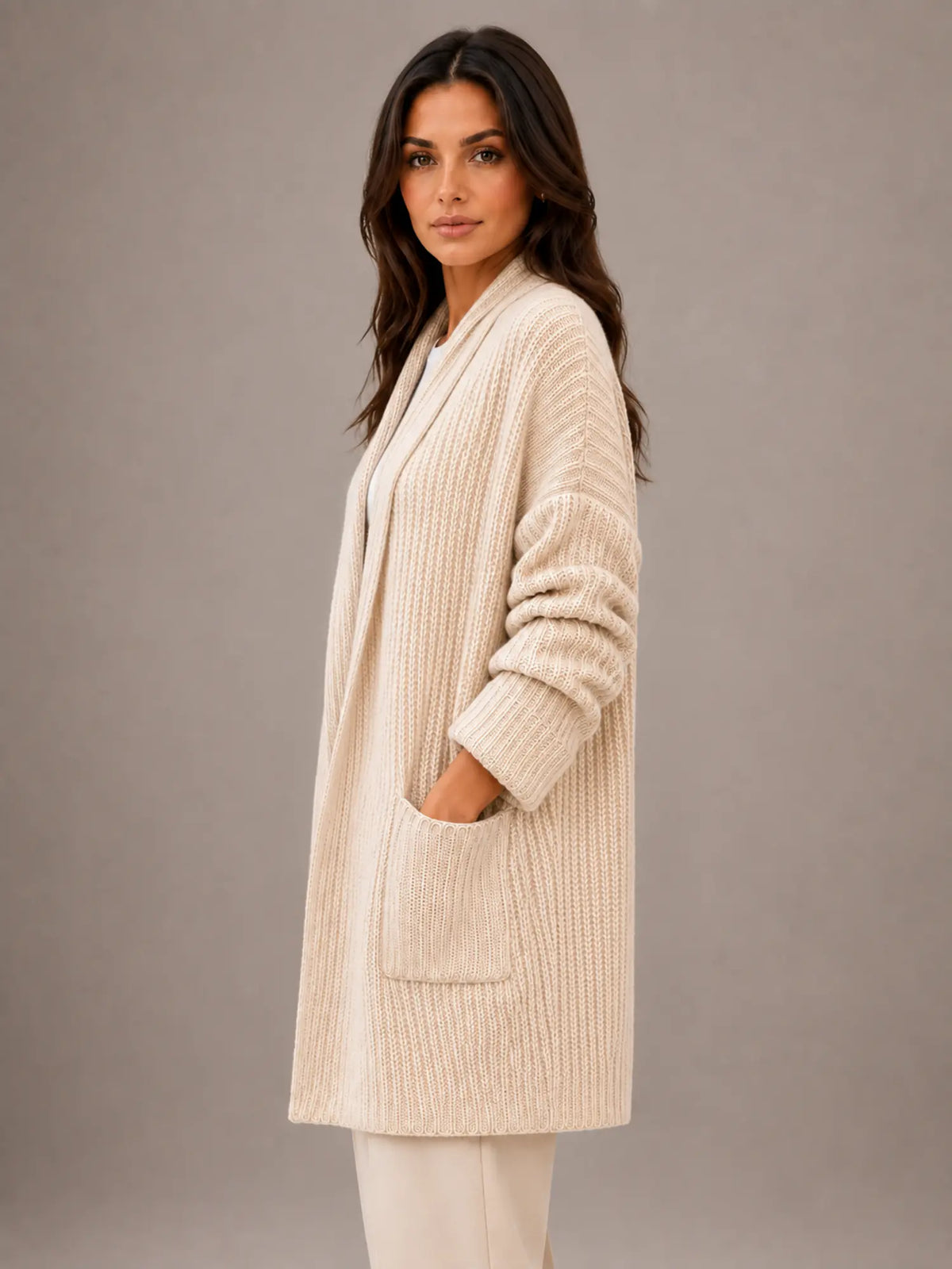 Women's Longline Cardigan – Open Front with Pockets in Beige – Side view
