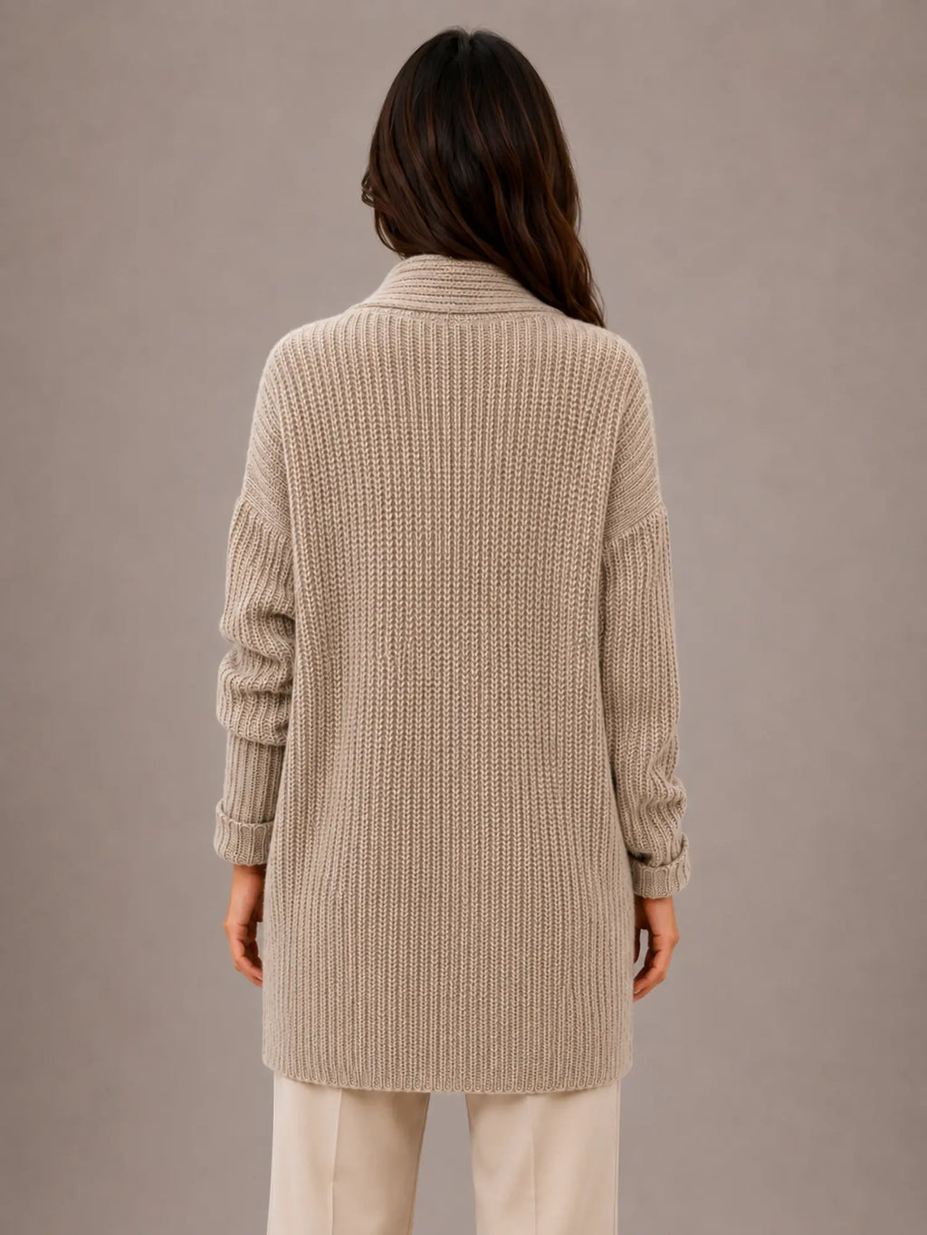 Women's Longline Cardigan – Open Front with Pockets in Taupe – Back view