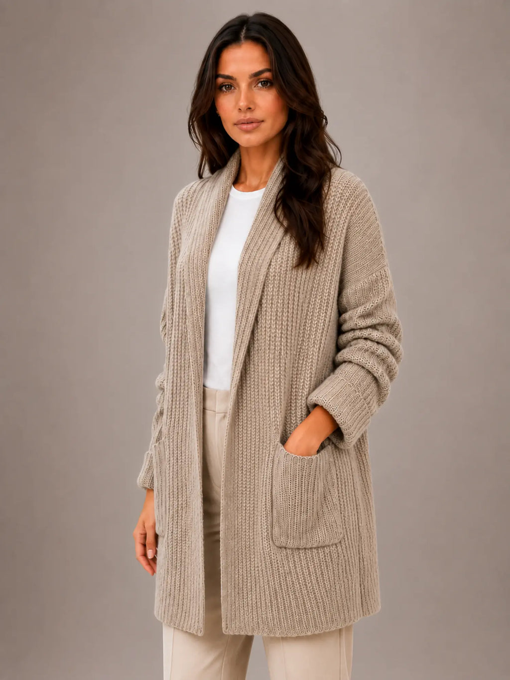 Women's Longline Cardigan – Open Front with Pockets in Taupe – Hover view
