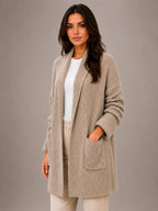 Women's Longline Cardigan – Open Front with Pockets in Taupe – Hover view