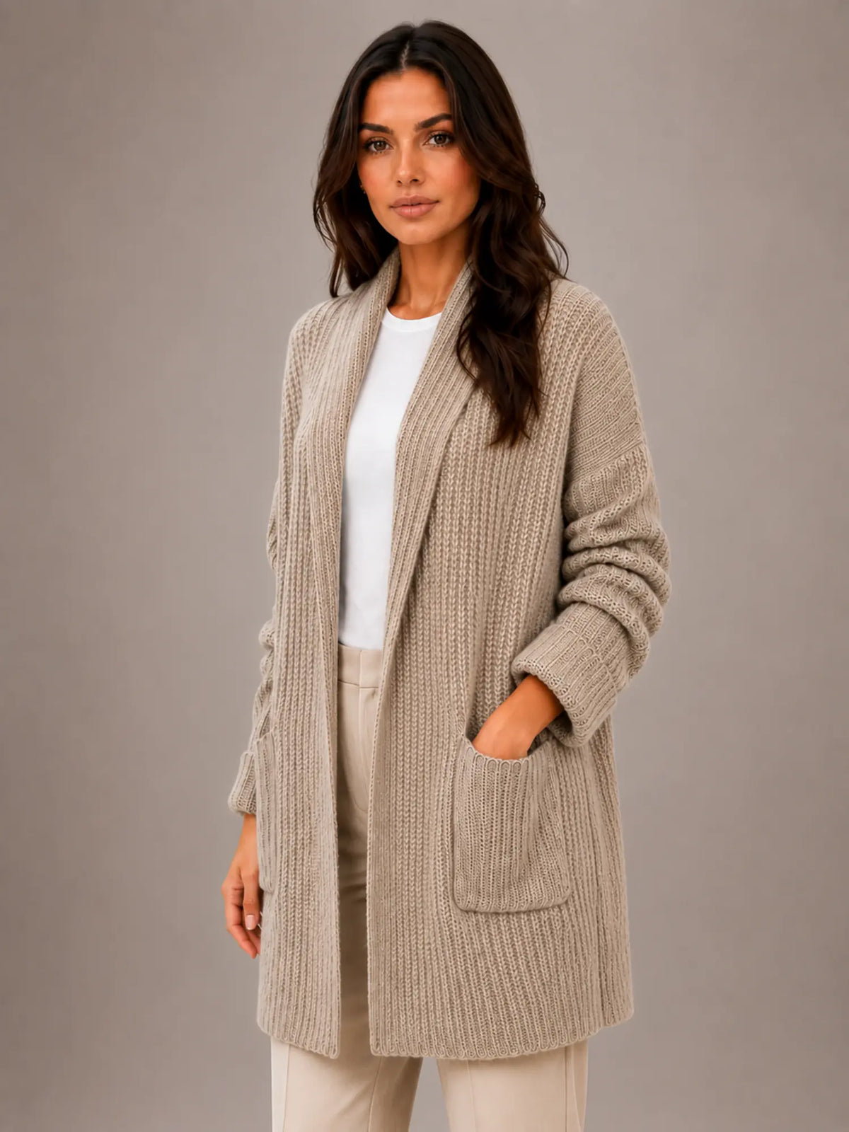 Women's Longline Cardigan – Open Front with Pockets in Taupe – Hover view