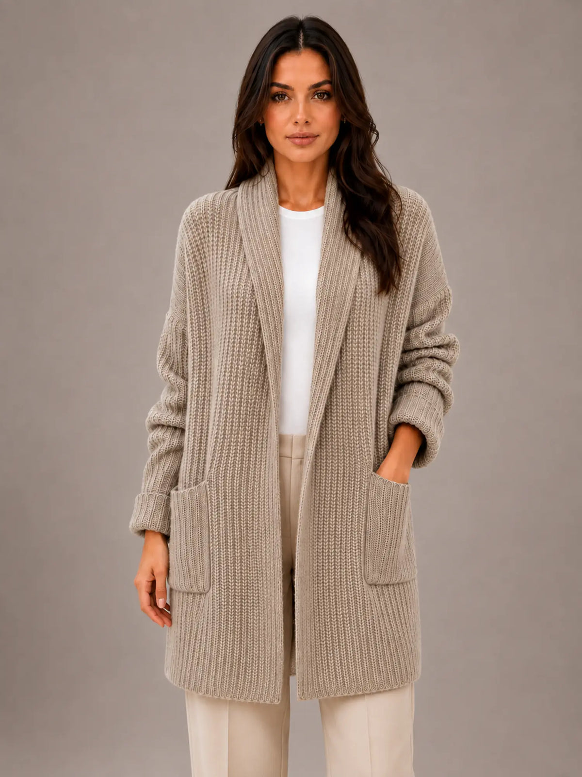 Women's Longline Cardigan – Open Front with Pockets in Taupe – Main view