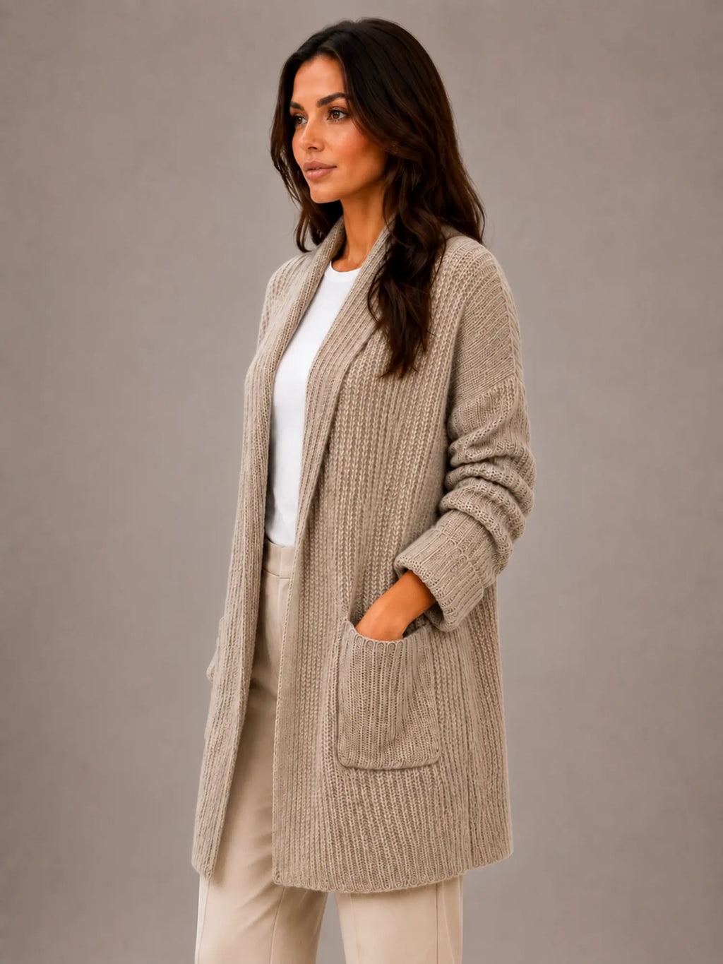 Women's Longline Cardigan – Open Front with Pockets in Taupe – Side view
