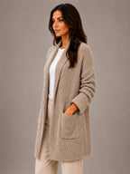 Women's Longline Cardigan – Open Front with Pockets in Taupe – Side view