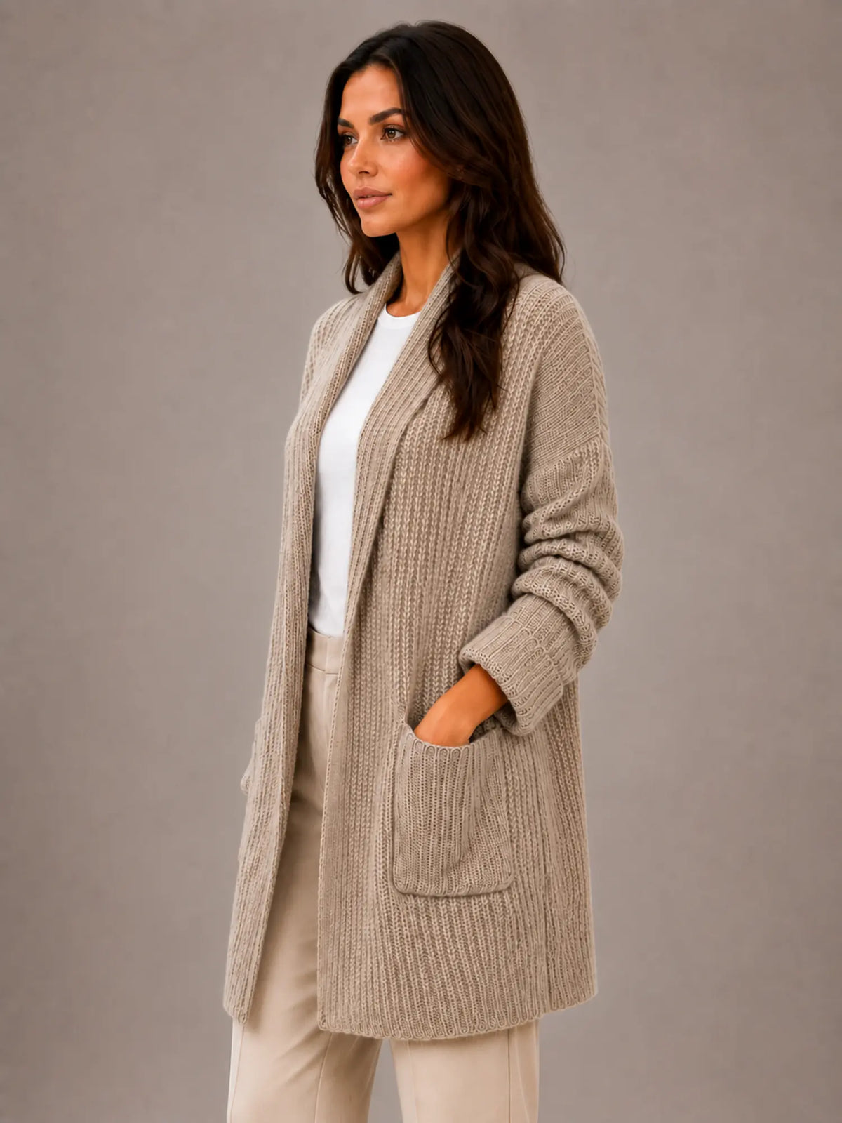 Women's Longline Cardigan – Open Front with Pockets in Taupe – Side view