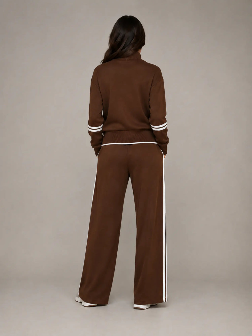 Women's Half-Zip Lounge Set – Relaxed Wide Leg Style in Brown – Back view
