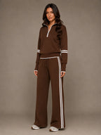 Women's Half-Zip Lounge Set – Relaxed Wide Leg Style in Brown – Hover view
