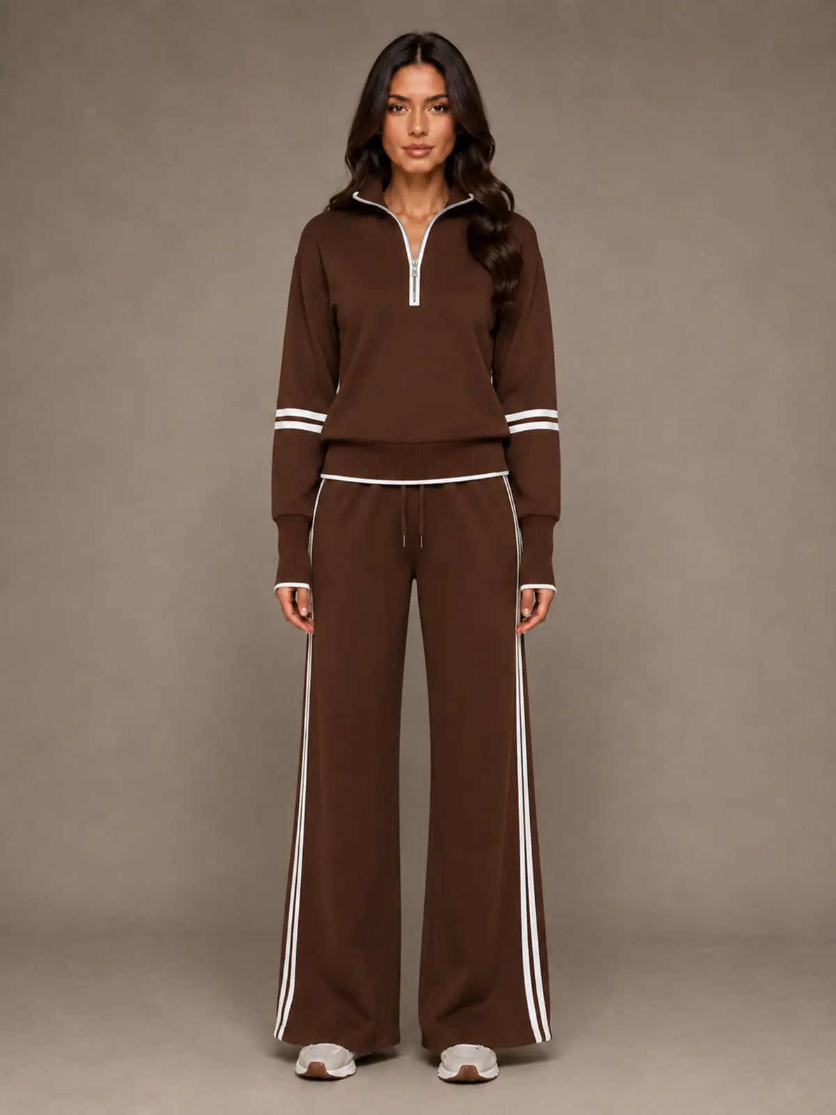 Women's Half-Zip Lounge Set – Relaxed Wide Leg Style in Brown – Main view