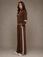 Women's Half-Zip Lounge Set – Relaxed Wide Leg Style in Brown – Side view