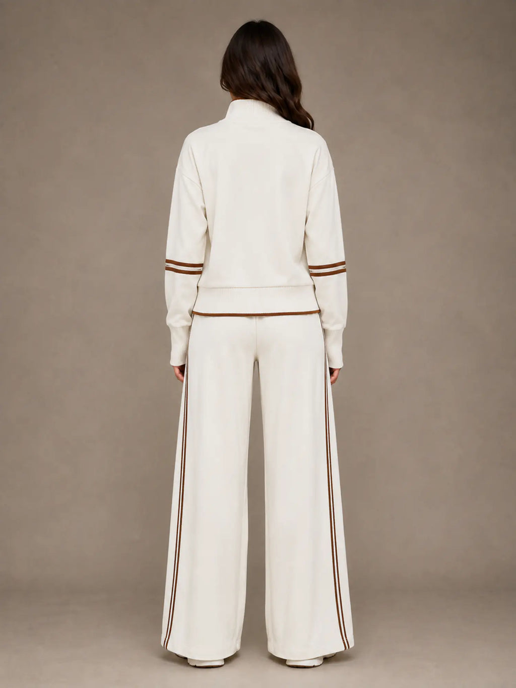 Women's Half-Zip Lounge Set – Relaxed Wide Leg Style in Cream – Back view