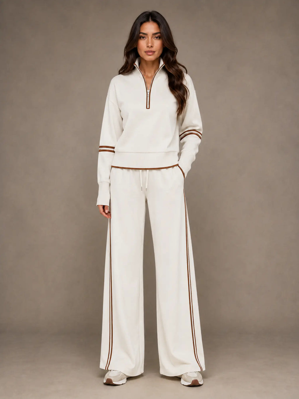 Women's Half-Zip Lounge Set – Relaxed Wide Leg Style in Cream – Main view