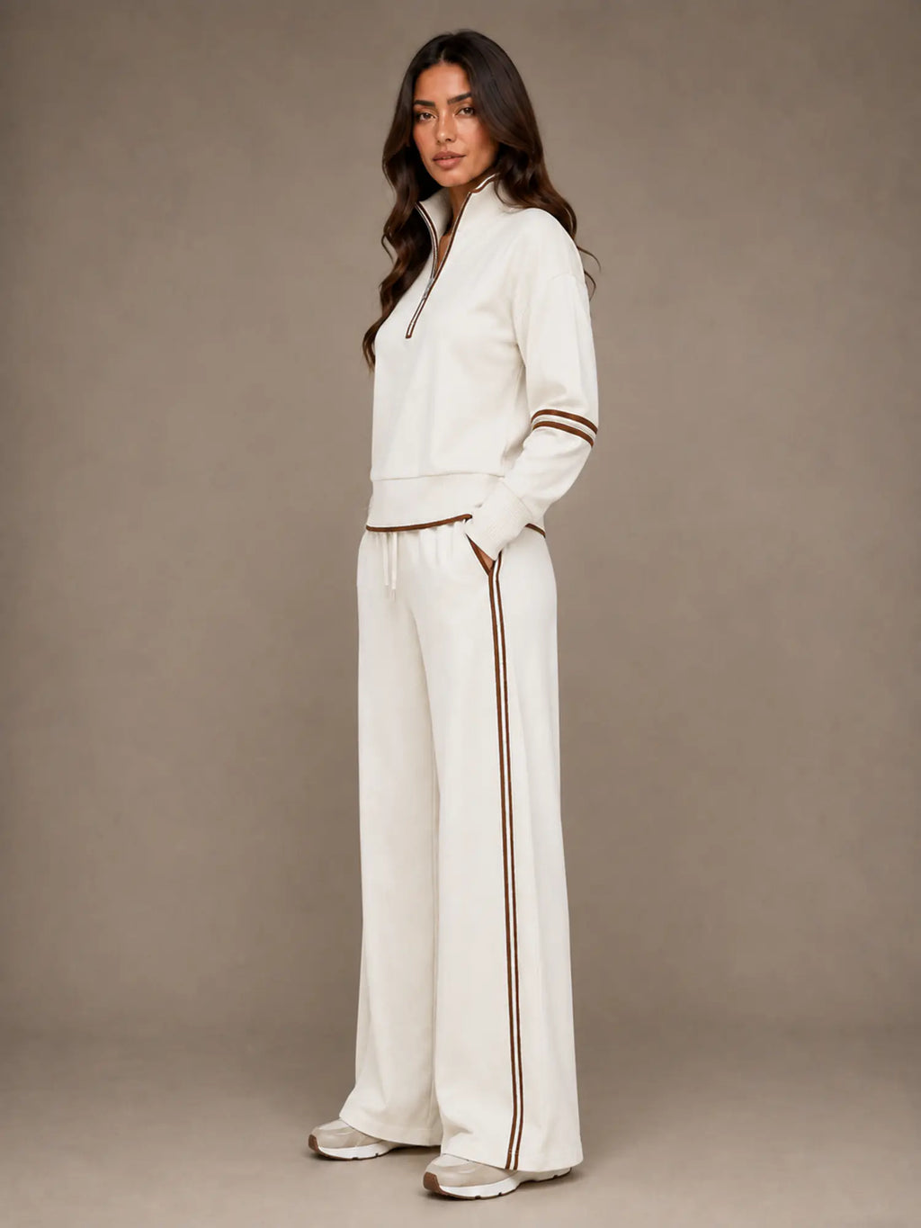 Women's Half-Zip Lounge Set – Relaxed Wide Leg Style in Cream – Side view