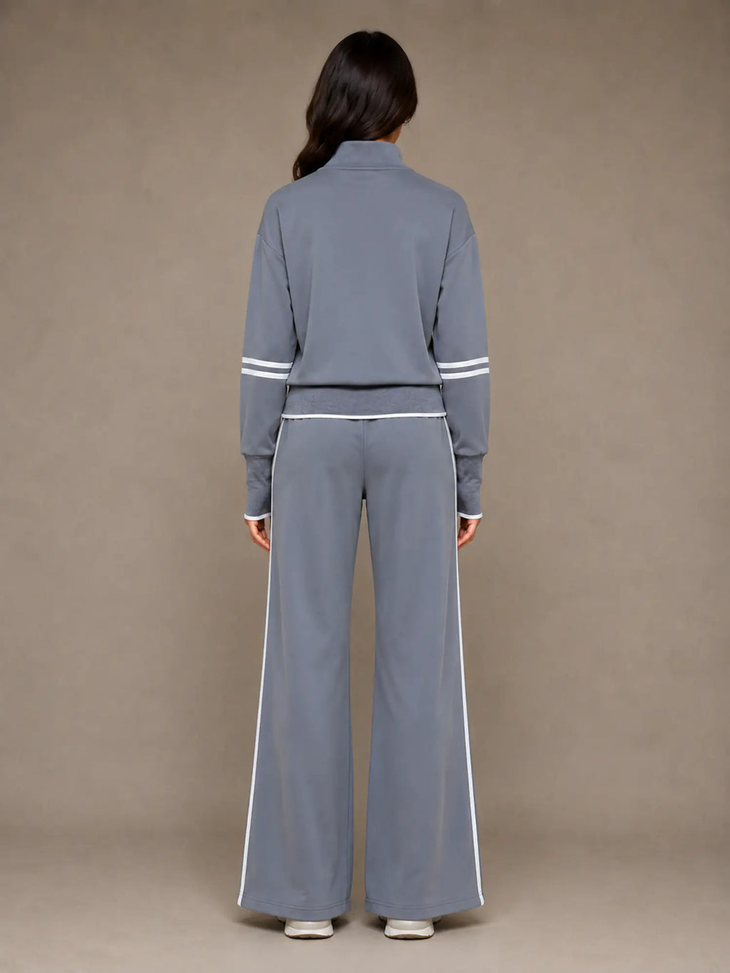 Women's Half-Zip Lounge Set – Relaxed Wide Leg Style in Dark Grey – Back view